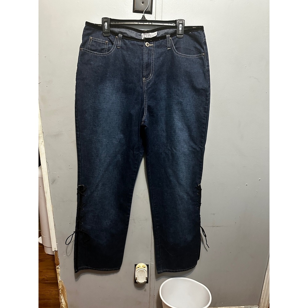 Carolina Blues Women Size 16 Jeans Dark Wash Velvet Trim Lace Up Side Ankle Ties